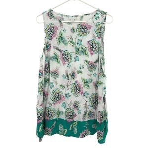 J. Jill‎ Size Medium Sleeveless Tank Top Shirt Blouse White Teal Floral Print